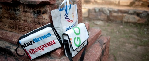 Upcycled Commonwealth Games messenger bags at Qtub Minar